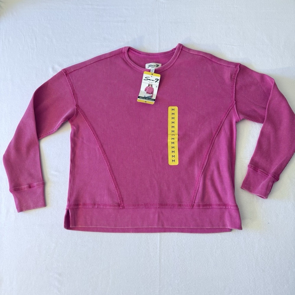 Seven7 Pink Waffle Knit Crewneck Sweatshirt Women's Medium NWT Cozy Casual